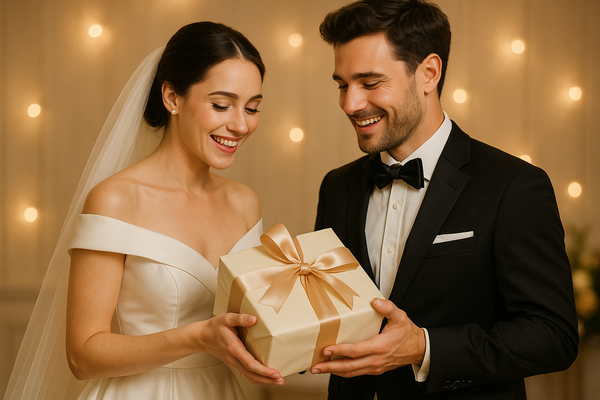 bride and groom with gift